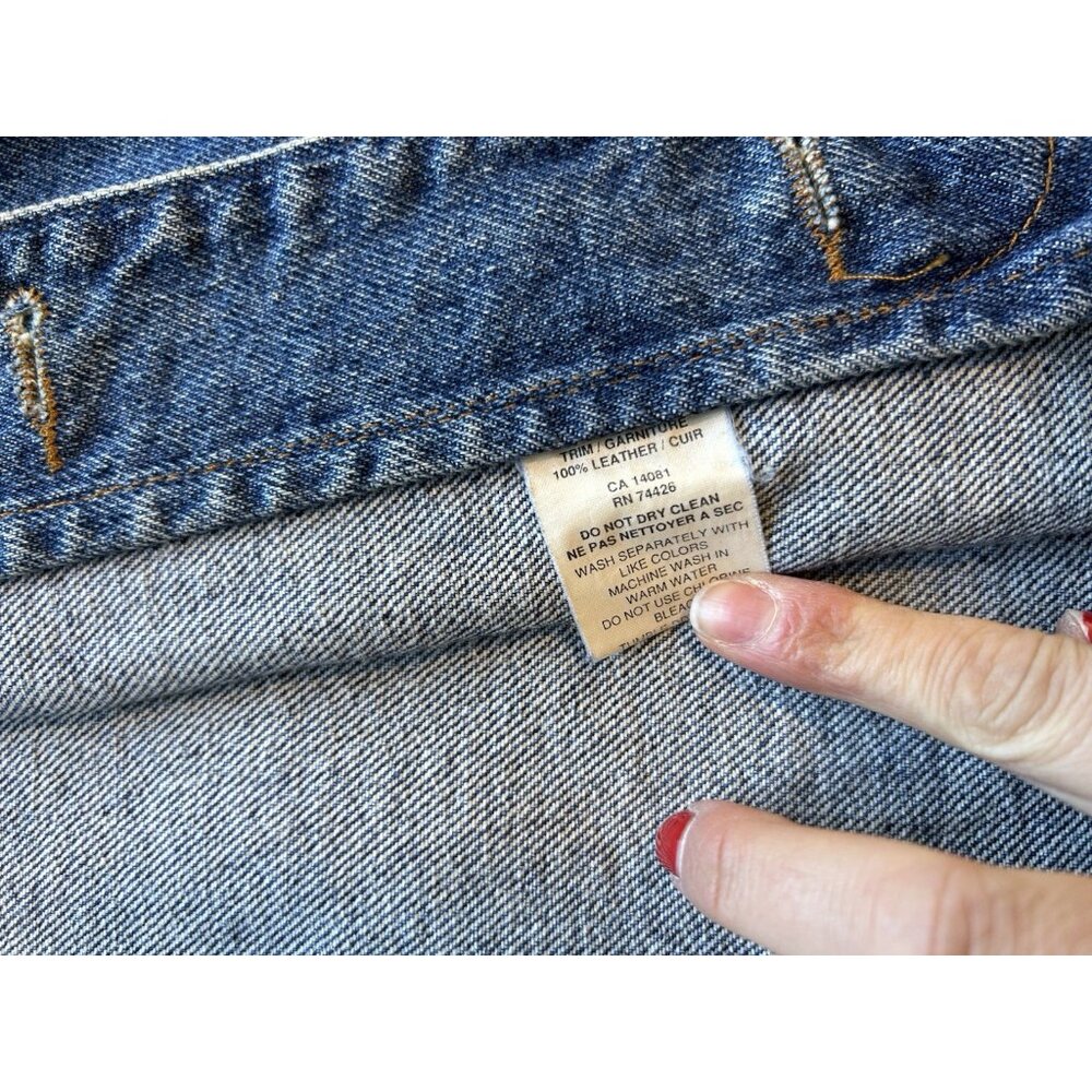 Vintage 90s Leather Collar Denim Jean Trucker Jacket Barn Chore Coat - Picture 13 of 13